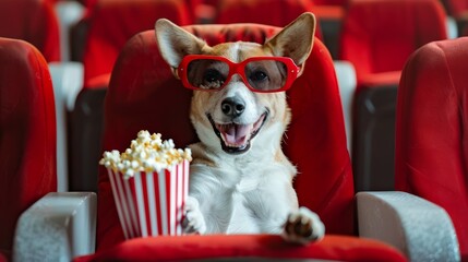 3D illustration of a puppy in glasses with popcorn in his paws looking at the camera