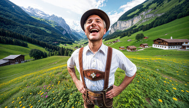 Joyful Swiss Yodler in Traditional Attire Amidst Alpine Meadow and Chalets