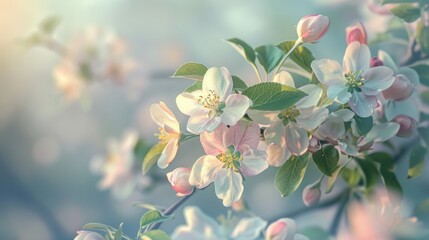 Obraz premium Apple blossoms in pale hues bloom alongside fresh spring leaves against a softly blurred backdrop