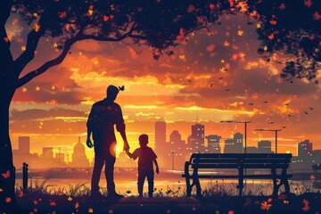 A father-son duo stands together on a bench, sharing a moment