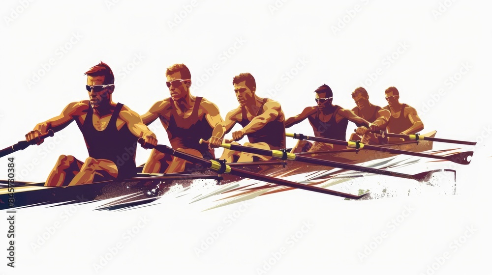 Poster group of men paddling through calm waters, suitable for use in editorial or commercial contexts