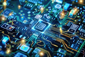 Fototapeta premium Information Technology Concept. Motherboard Circuit and Tech Icons Illustration on Futuristic Background