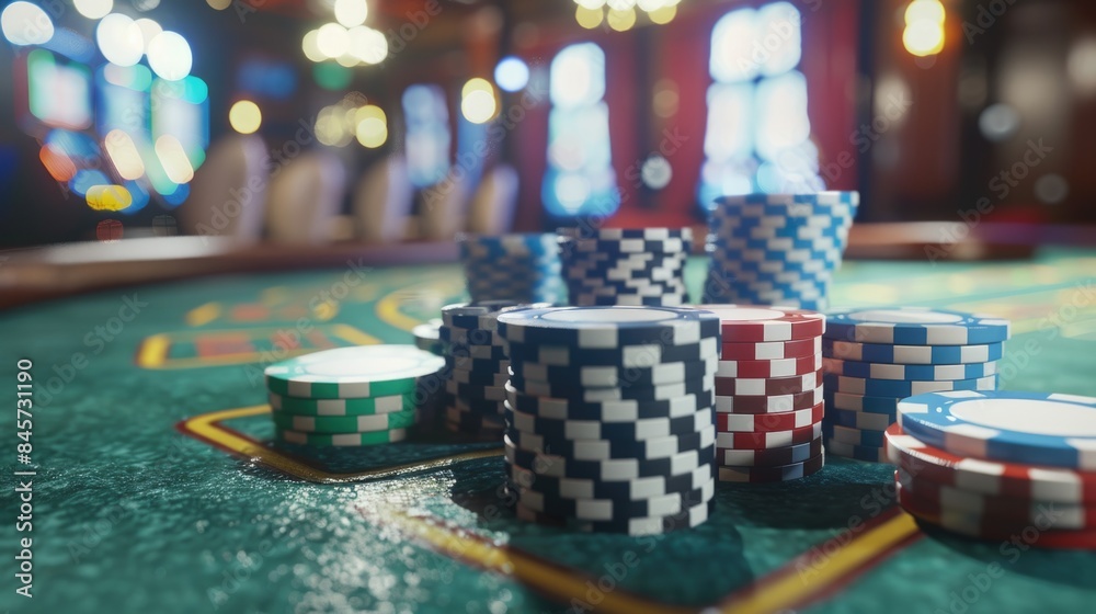 Poster A casino table scene with several stacks of poker chips, ideal for use in financial or entertainment contexts
