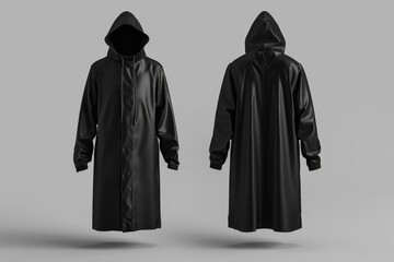 A black hooded coat with a hood, ideal for casual wear or as part of a costume