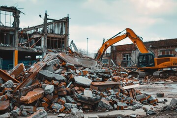 Rubble and rubble in front of a building with a bulldozer, construction debris in inappropriate places

