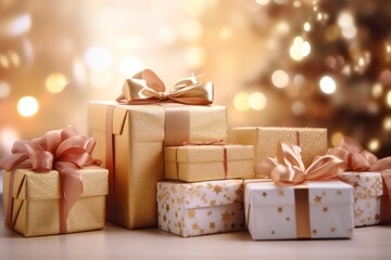 A pile of beautifully wrapped Christmas gift boxes with ribbons and bows, set against a soft-focus background of a decorated Christmas tree and twinkling lights
