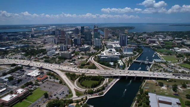 Beautiful cinematic aerial view of the Tampa bay City, it's  Skyscrapers and Ybor city 