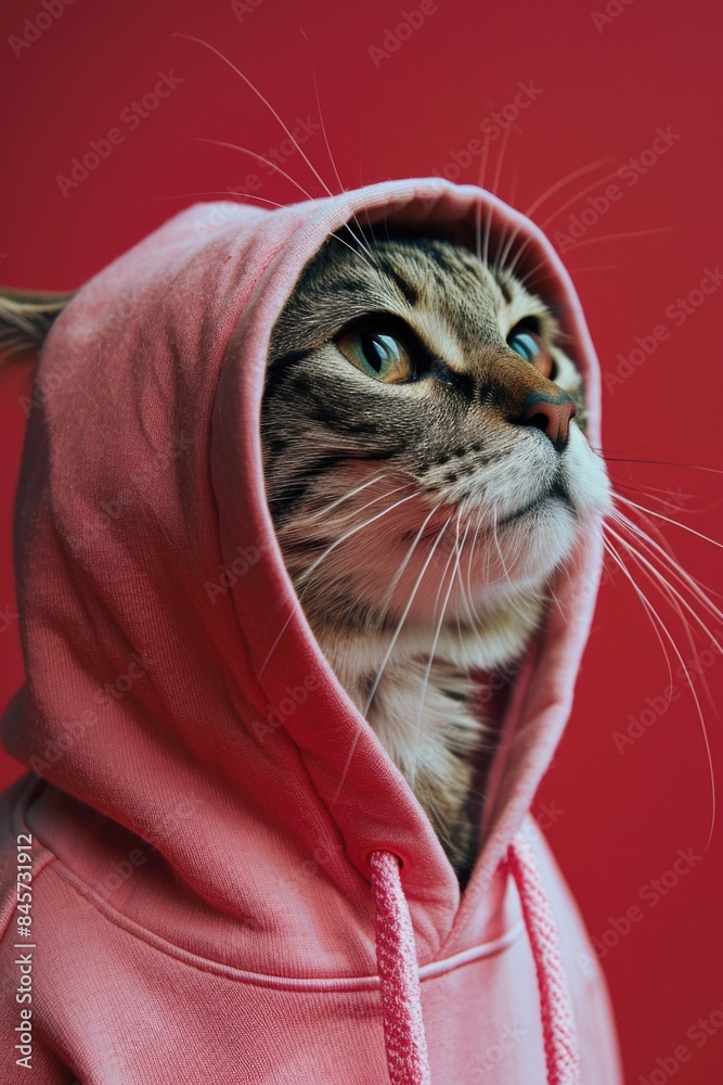 Poster A curious cat is seen wearing a pink hoodie and looking upwards, possibly searching for something or admiring its surroundings