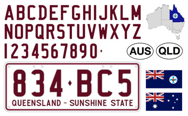 Queensland car license plate pattern, letters, numbers and symbols, vector illustration, Australia