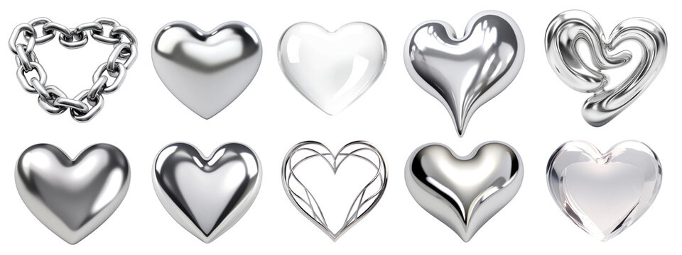 Heart silver metallic shape png cut out element set
