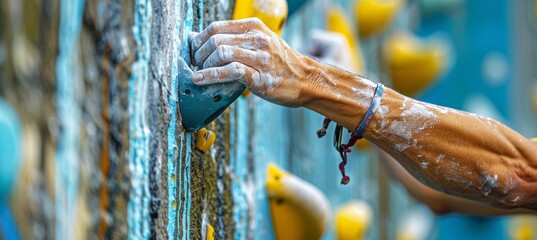 Chalked climber s hands on challenging hold, strength in sport climbing, olympic games concept