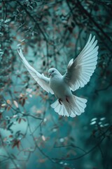 Obraz premium A white bird flies through a tree filled with leaves