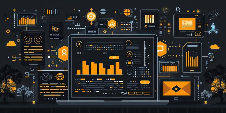 concepts of software web development and programming abstract programming language and program code on a laptop screen laptop and icons representing a company network technology of software