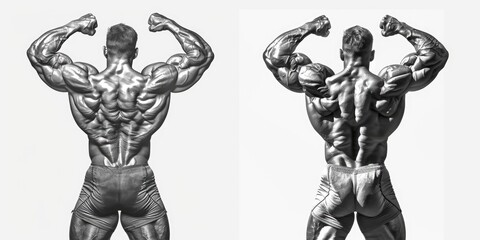 A black and white photo of a man showing off his physique