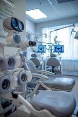 A dentist's chair with multiple computer monitors surrounding it, likely used for dental practice or research