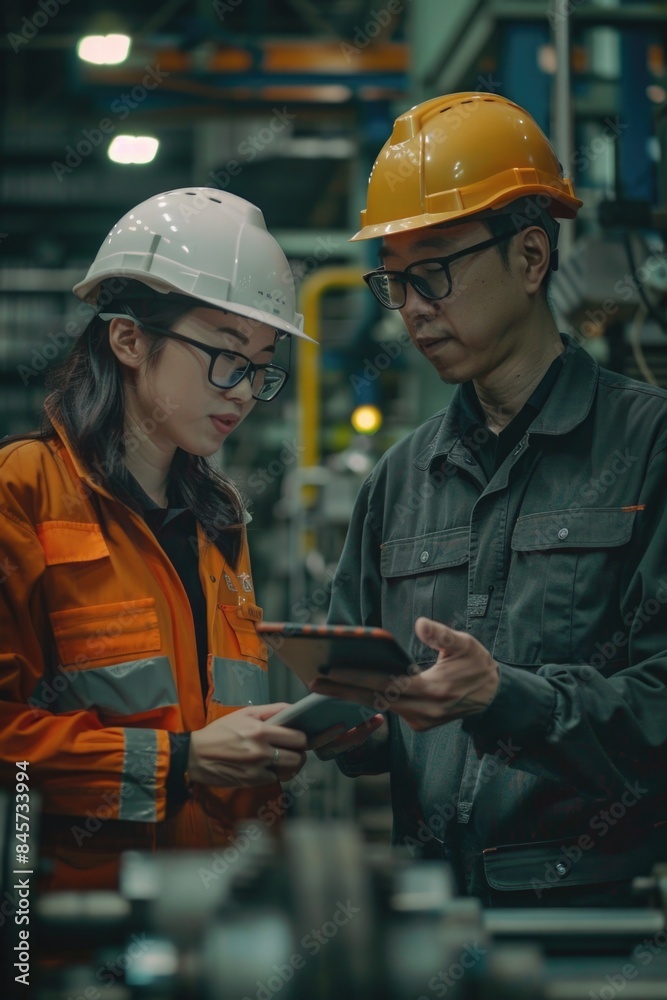 Poster two construction workers in hard hats examining a tablet, possibly reviewing blueprints or schedules