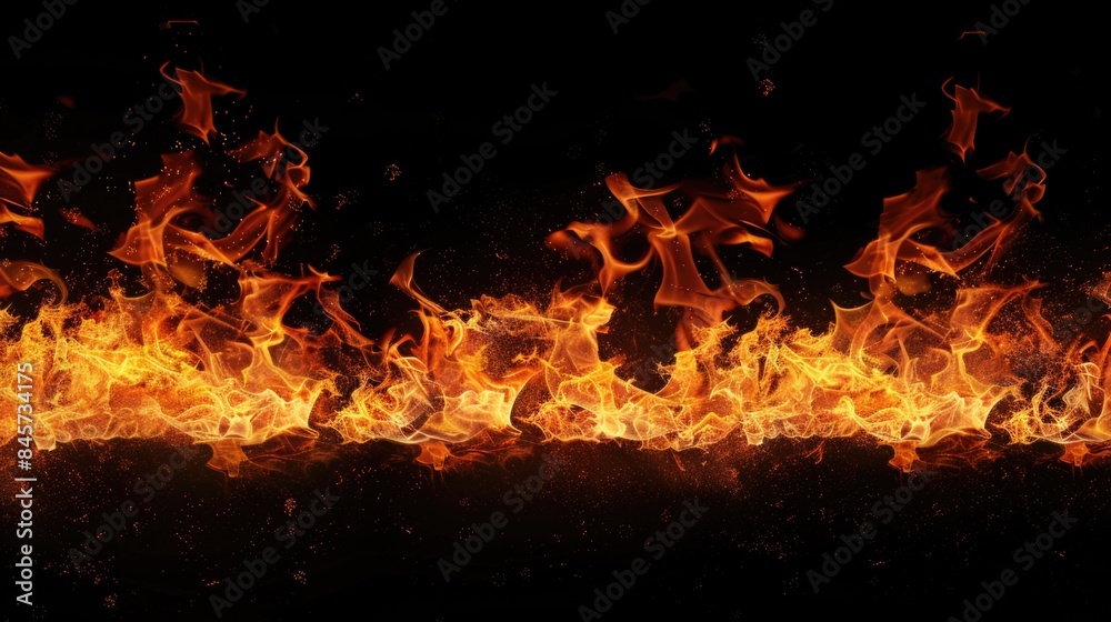 Poster close-up shot of fiery flames on a dark background, ideal for use in scenes where light and darkness