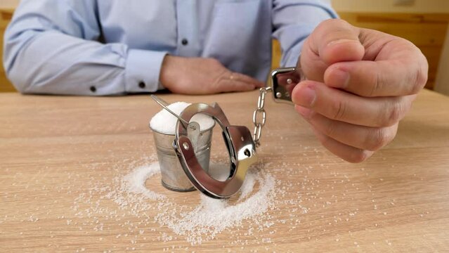 The man is handcuffed to a metal bucket with salt. Abuse of salt. Slow motion