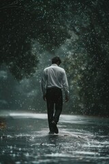 Fototapeta premium A person walking on the street during a rainy day