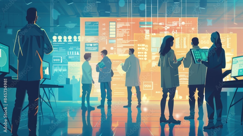 Poster a group of people surrounded by a computer screen, ideal for illustrating a meeting or discussion