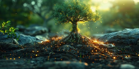 an illustration of tree growth in a digital futuristic polygonal style an energy source or artificial intelligence source modern illustration