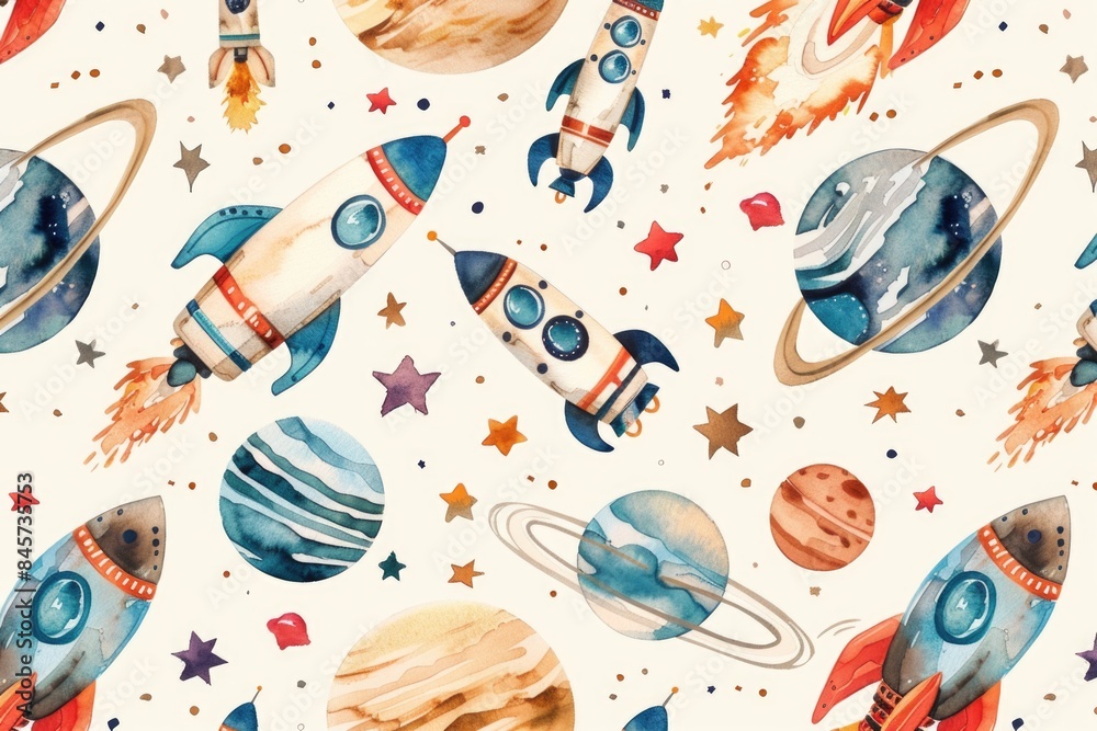 Poster a colorful illustration of rockets and stars in watercolor style on a white background, perfect for 