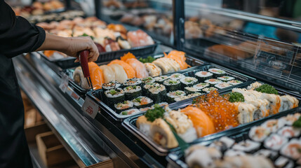 Person selecting sushi from display case