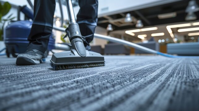 Professional cleaner using a vacuum on a carpet in an office setting. Concept of office cleaning, professional janitorial services, maintenance, hygiene