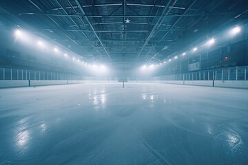 A frozen outdoor ice rink at night, lit up with colorful lights