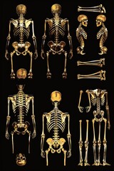 A collection of different human skeletons on a black background, suitable for use in horror or medical contexts