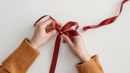 Cropped female hands tying a red ribbon bow on a white background. Concept of gift wrapping, holiday preparation, handcraft, celebration