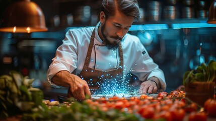 A chef demonstrates culinary techniques during a holographic cooking class in a modern kitchen setting.