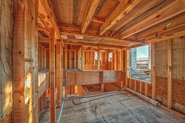 A room in the process of being built with wooden framing, ideal for architecture and construction-related uses