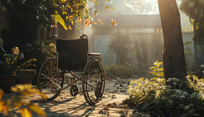 Obraz premium Wheelchair of person with disability in the house or hospital with nature sunlight, Cinematic tone and emotion picture, Life Insurance accident, International Day of Persons with Disabilities concept 