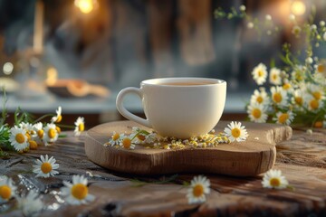 Fototapeta premium A cup of coffee placed on a wooden cutting board, suitable for editorial use in food or lifestyle contexts