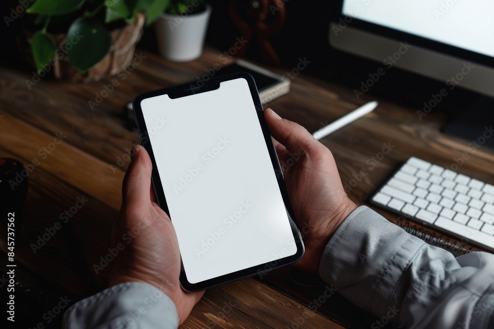 Poster a person is holding a smartphone with a white screen, no interface or icons visible