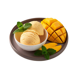 a bowl of vanilla ice cream with mints on a plate, next to a slice of mango, all on a dark background.