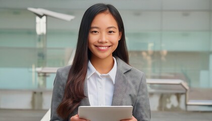 woman with long dark hair, wearing a gray suit jacket over a white blouse, stands smiling and looking directly at the camera, holding a digital tablet