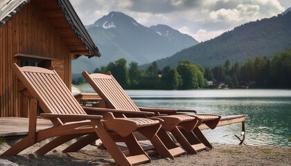 wooden sun loungers on the shore of the lake next to a wooden house against the backdrop of mountains and forest