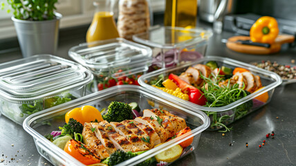 Obraz premium A modern kitchen counter displaying a variety of healthy meal prep containers, each with fresh ingredients and vibrant colors. Ai generated