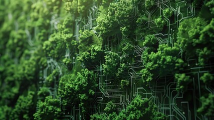 blend of nature and technology, with circuit-like patterns merging with lush green foliage, virtual screen