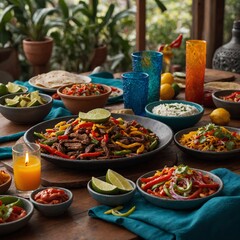 A table set for a fajita feast with colorful decor
