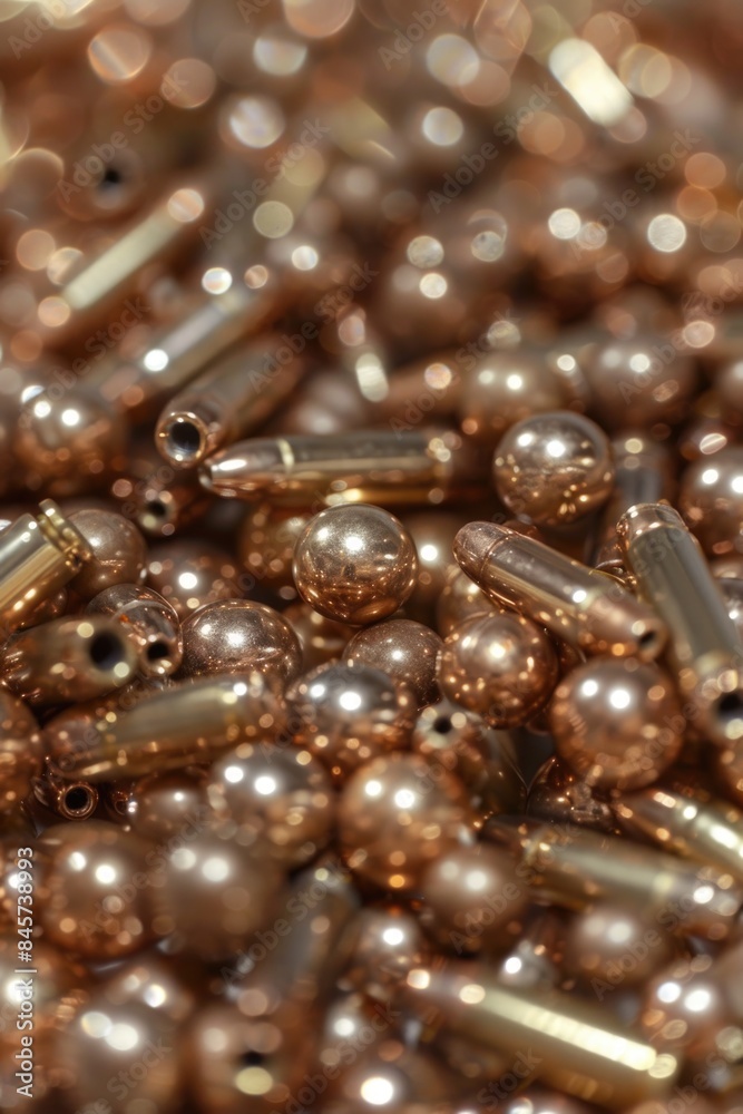 Poster a close-up view of a pile of spent bullet casings, possibly used in a shooting range or as evidence