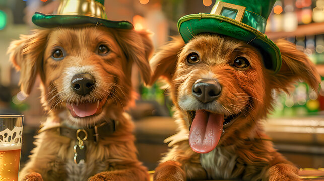 Illustration of cute dogs in leprechaun costumes sitting in a pub with a beer. St. Patrick's Day Concept - Powered by Adobe