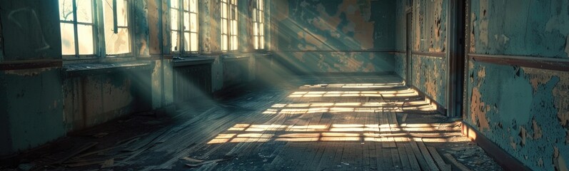 Obraz premium Long hallway with a lot of windows and a brick floor