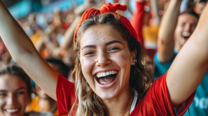 joyful beautiful fan celebrates success while at a football stadium