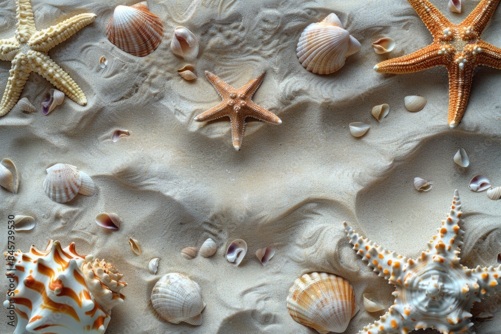 Poster a close-up view of shells and starfishes on a sandy beach or ocean floor