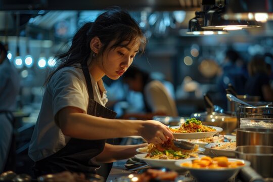 A chef preparing meal in a commercial kitchen