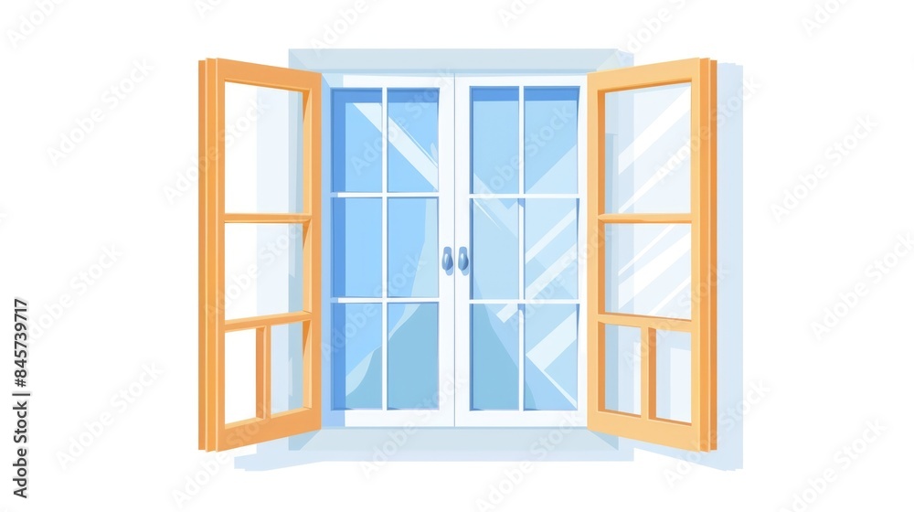 Poster an open window with a bright and airy interior, surrounded by a simple white background
