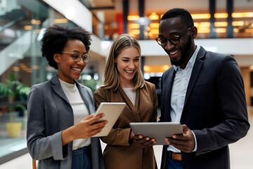 Professional colleagues of diverse ethnic backgrounds smiling looking at tablet in modern office environment